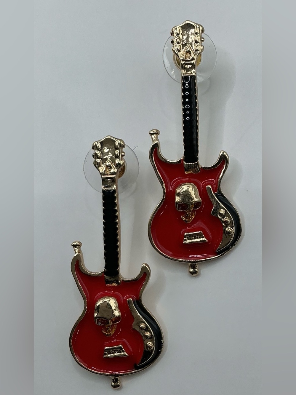 GOLD TONE RED ENAMEL SKULL GUITAR PIERCED EARRINGS NWOT